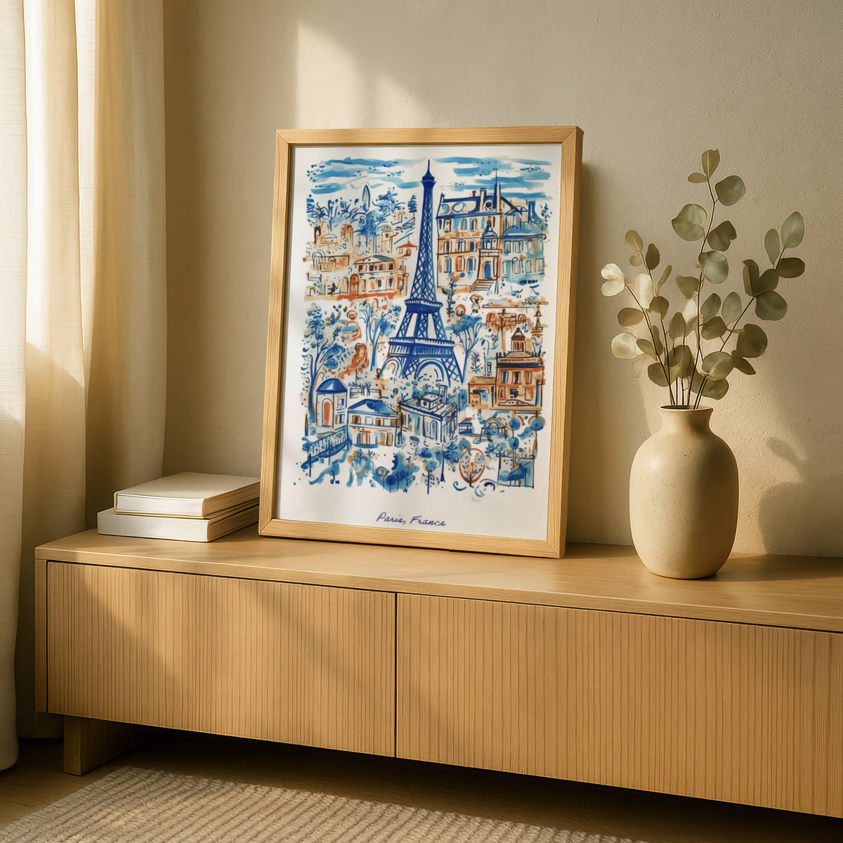 Paris France Eiffel Tower Poster, Watercolour Blue Wall Art, French City Print