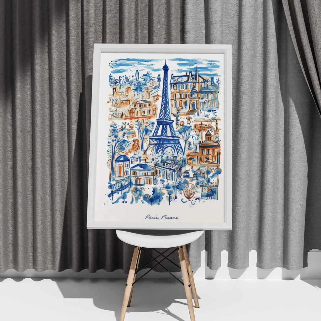 Paris France Eiffel Tower Poster, Watercolour Blue Wall Art, French City Print