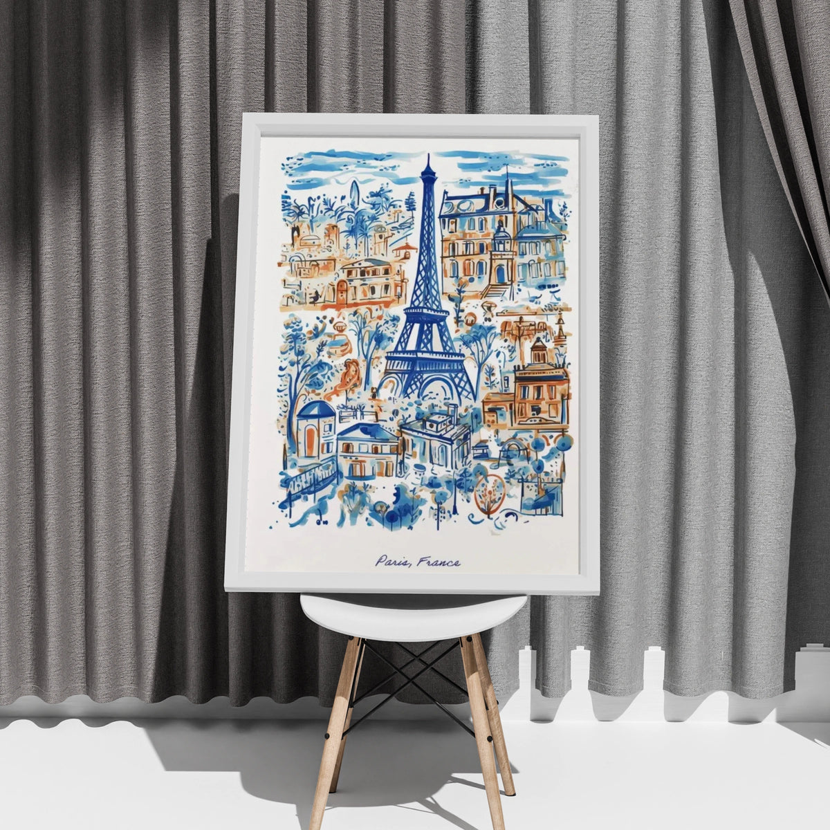 Paris France Eiffel Tower Poster, Watercolour Blue Wall Art, French City Print