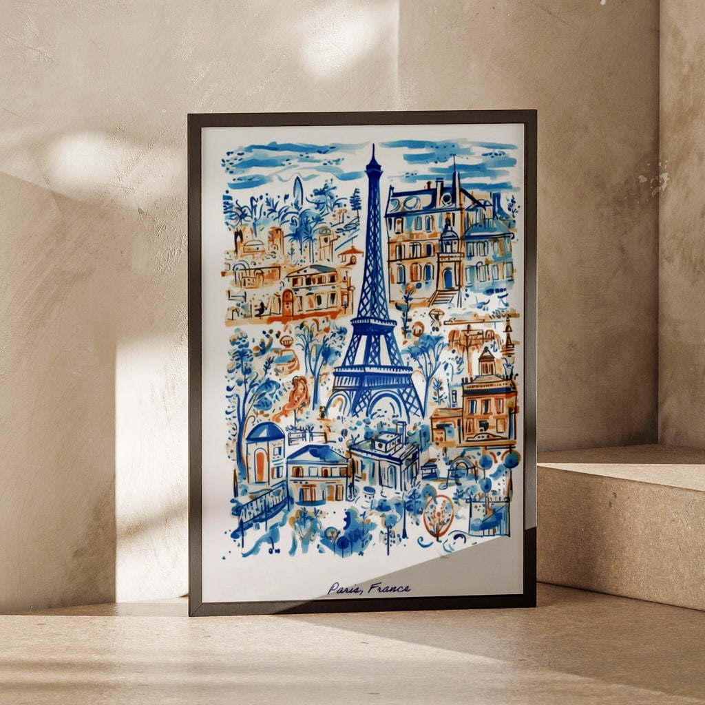 Paris France Eiffel Tower Poster, Watercolour Blue Wall Art, French City Print
