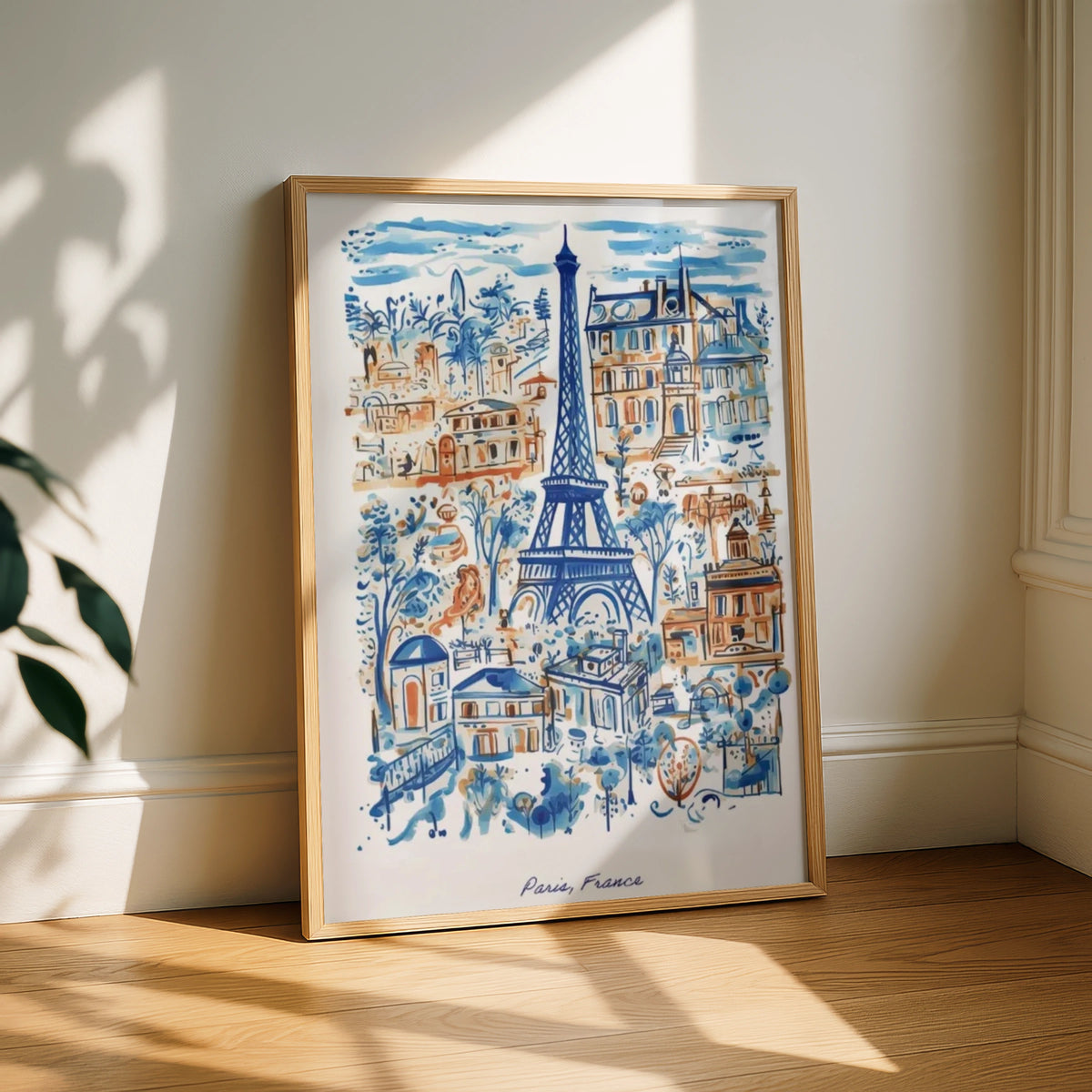 Paris France Eiffel Tower Poster, Watercolour Blue Wall Art, French City Print