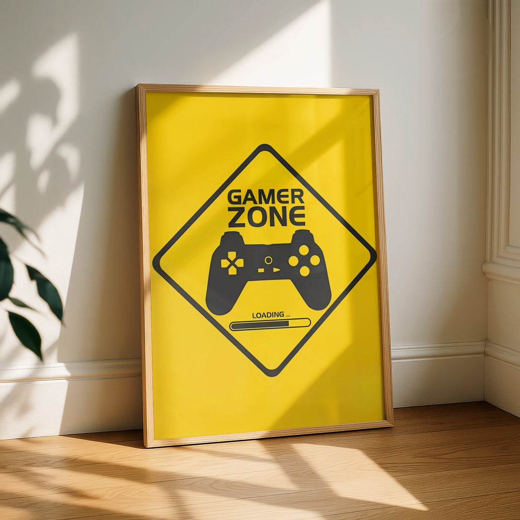 Gamer Zone Sign, Video Game Wall Art, Loading Controller Decor, Gaming Room Poster, Yellow Gaming