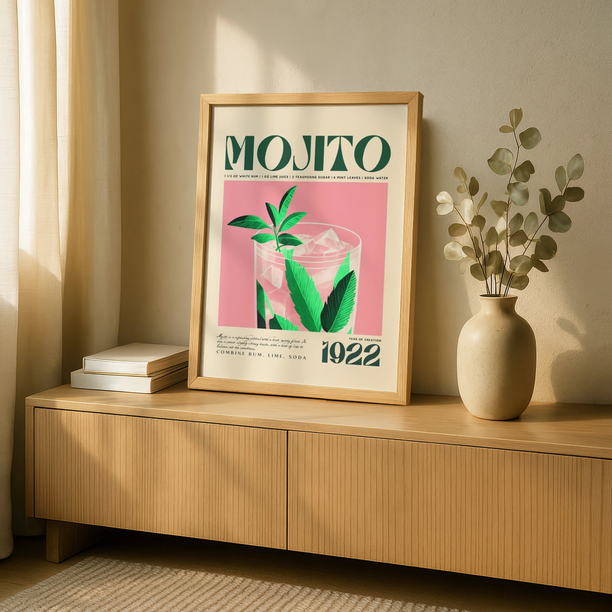 Mojito Cocktail Art Print, Vintage Drink Poster, Tropical Wall Art, Retro Bar Decor