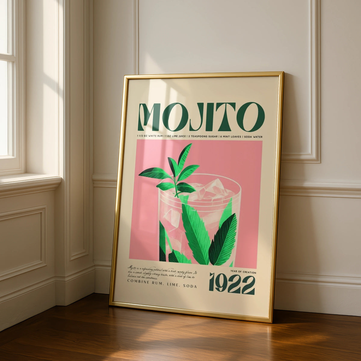 Mojito Cocktail Art Print, Vintage Drink Poster, Tropical Wall Art, Retro Bar Decor