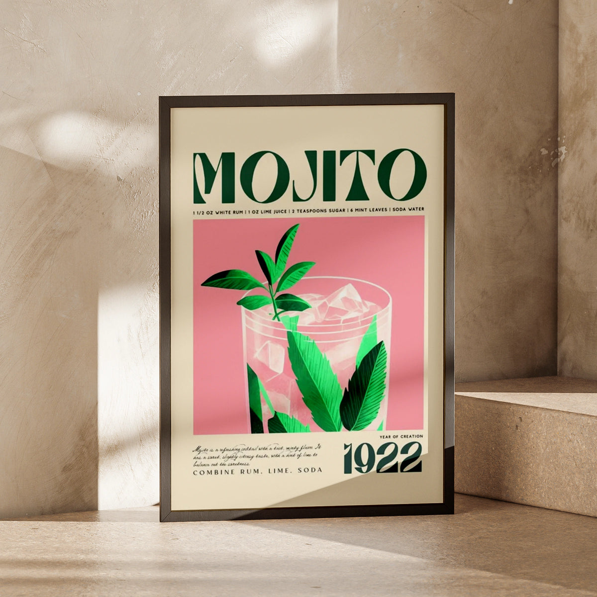 Mojito Cocktail Art Print, Vintage Drink Poster, Tropical Wall Art, Retro Bar Decor