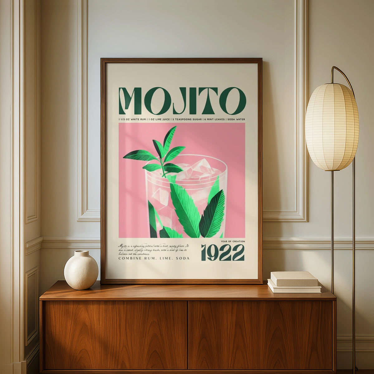 Mojito Cocktail Art Print, Vintage Drink Poster, Tropical Wall Art, Retro Bar Decor