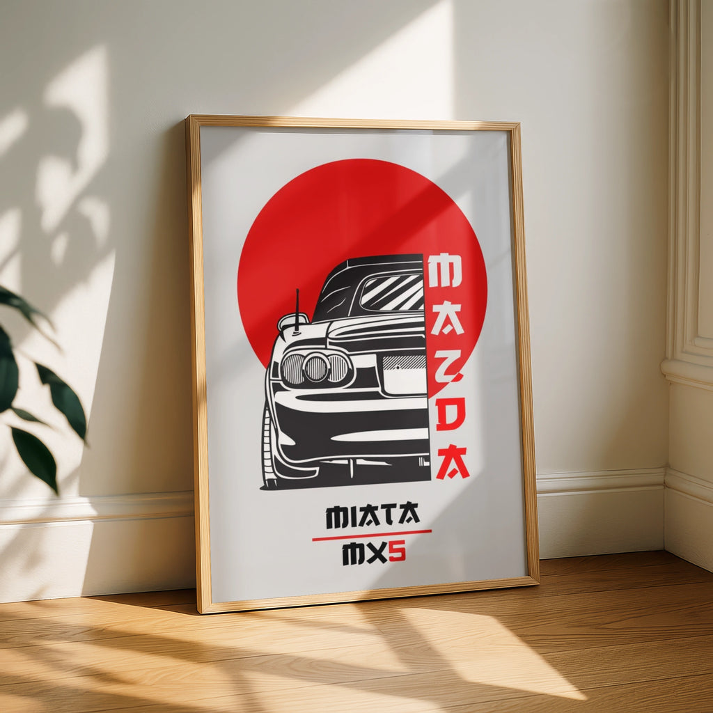 Mazda MX-5 Retro Car Art Print, Poster, Minimalist Black and Red Wall Decor