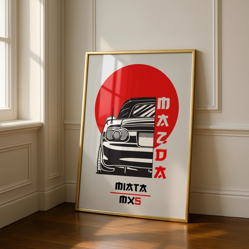 Mazda MX-5 Retro Car Art Print, Poster, Minimalist Black and Red Wall Decor