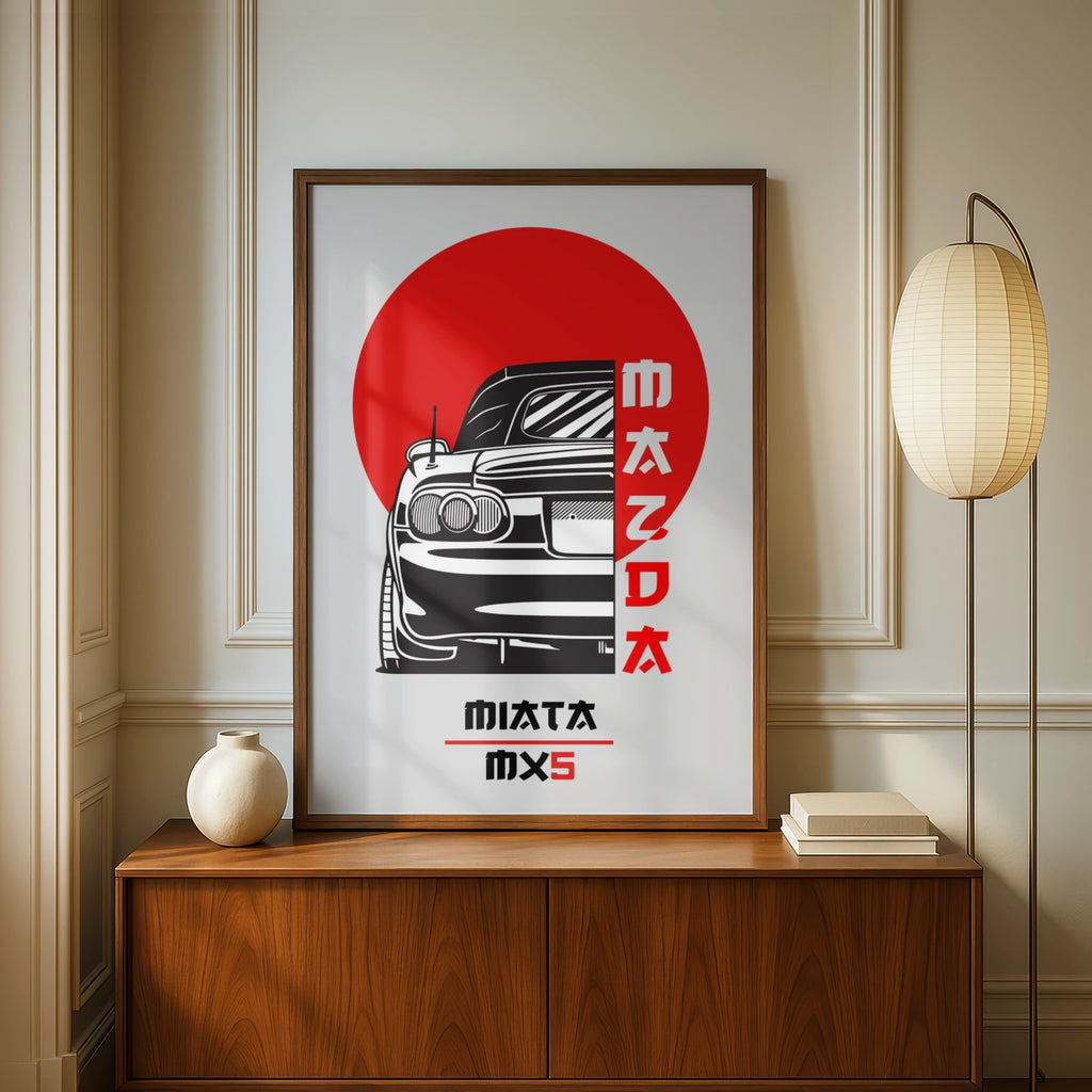 Mazda MX-5 Retro Car Art Print, Poster, Minimalist Black and Red Wall Decor