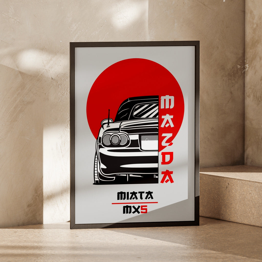 Mazda MX-5 Retro Car Art Print, Poster, Minimalist Black and Red Wall Decor