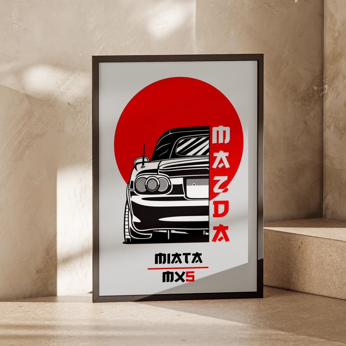 Mazda MX-5 Retro Car Art Print, Poster, Minimalist Black and Red Wall Decor