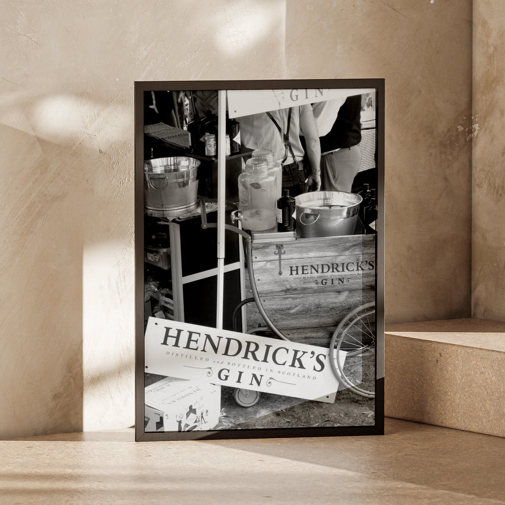 Hendrick's Gin Vintage Sign, Distilled and Bottled in Scotland, Black and White Wall Art Print