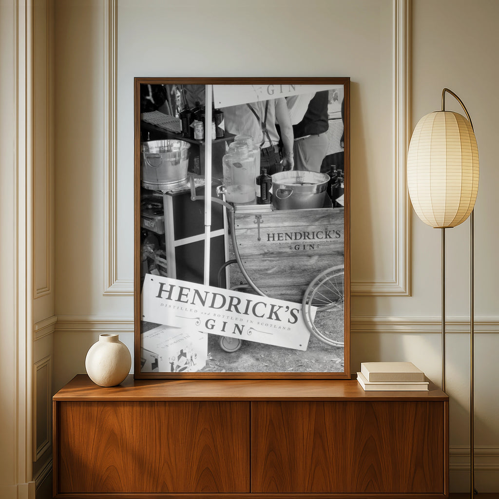 Hendrick's Gin Vintage Sign, Distilled and Bottled in Scotland, Black and White Wall Art Print