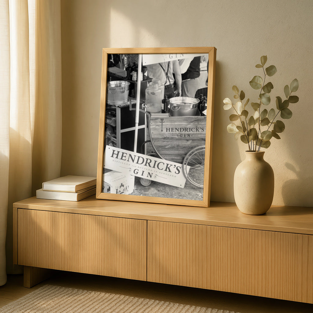 Hendrick's Gin Vintage Sign, Distilled and Bottled in Scotland, Black and White Wall Art Print