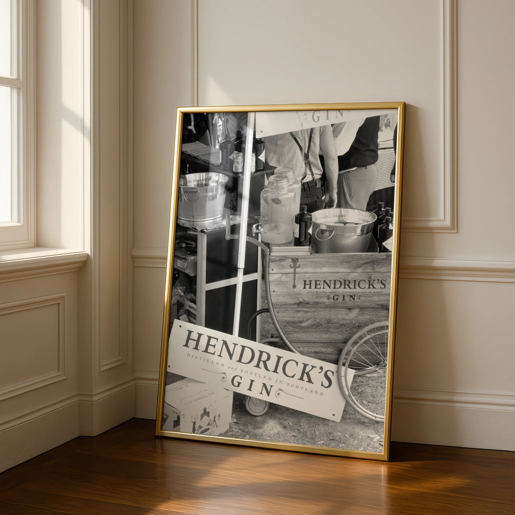 Hendrick's Gin Vintage Sign, Distilled and Bottled in Scotland, Black and White Wall Art Print