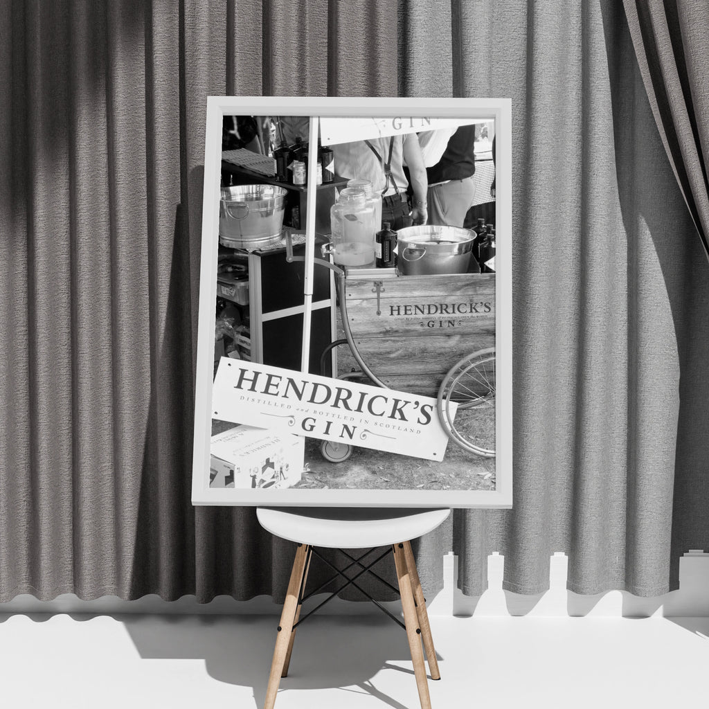 Hendrick's Gin Vintage Sign, Distilled and Bottled in Scotland, Black and White Wall Art Print