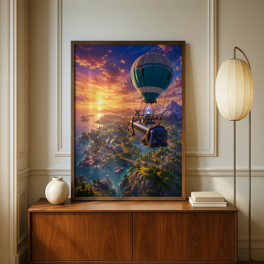 Epic Hot Air Balloon Adventure Art, Fantasy Landscape Print, Sunset Sky, Gaming Decor