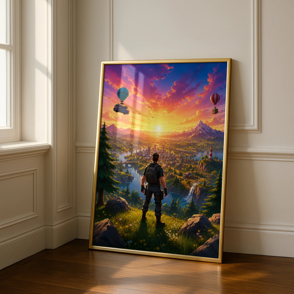 Epic Battle Royale Adventure Poster, Colourful Landscape Art, Gamer Wall Decor, Sunset Scene