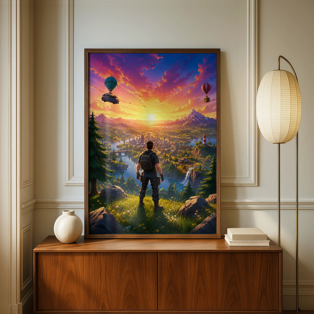Epic Battle Royale Adventure Poster, Colourful Landscape Art, Gamer Wall Decor, Sunset Scene