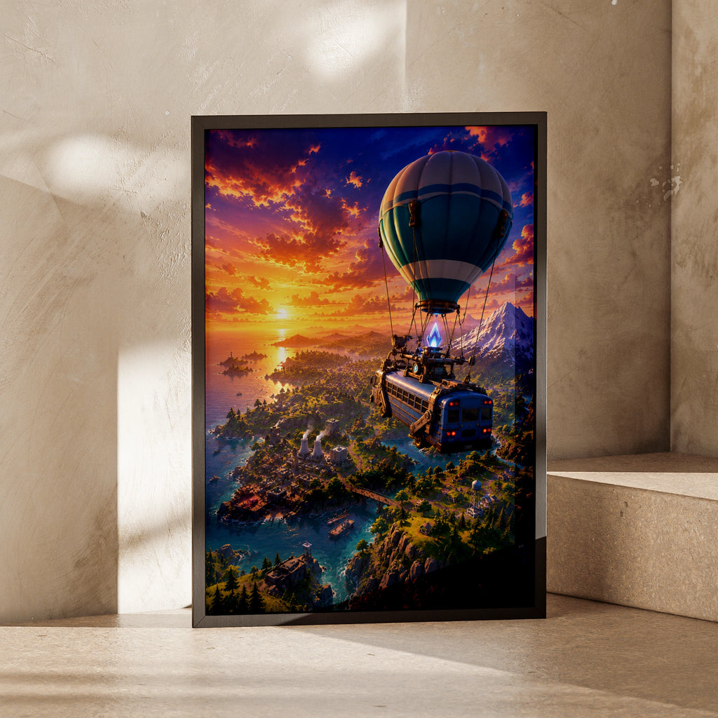 Epic Hot Air Balloon Adventure Art, Fantasy Landscape Print, Sunset Sky, Gaming Decor