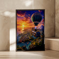 Epic Hot Air Balloon Adventure Art, Fantasy Landscape Print, Sunset Sky, Gaming Decor