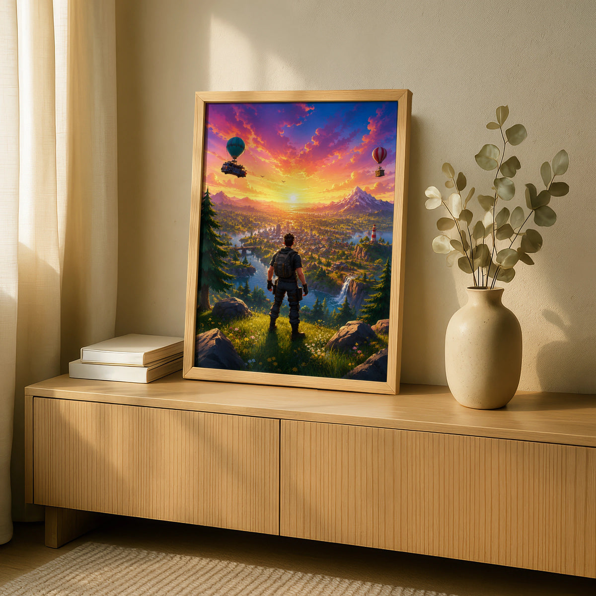 Epic Battle Royale Adventure Poster, Colourful Landscape Art, Gamer Wall Decor, Sunset Scene