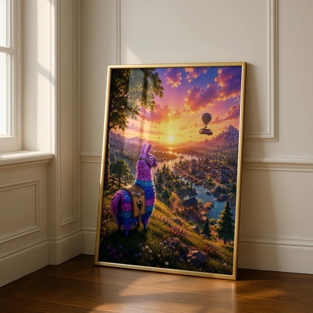 Llama Sunset Wall Art, Colourful Llama Poster, Mountain Landscape Print, Vibrant Decor for Kids Room