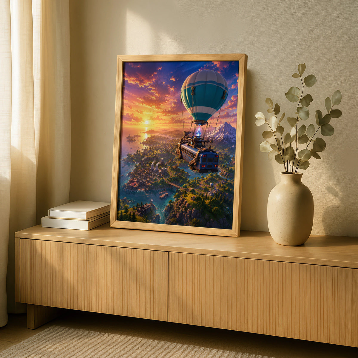 Epic Hot Air Balloon Adventure Art, Fantasy Landscape Print, Sunset Sky, Gaming Decor