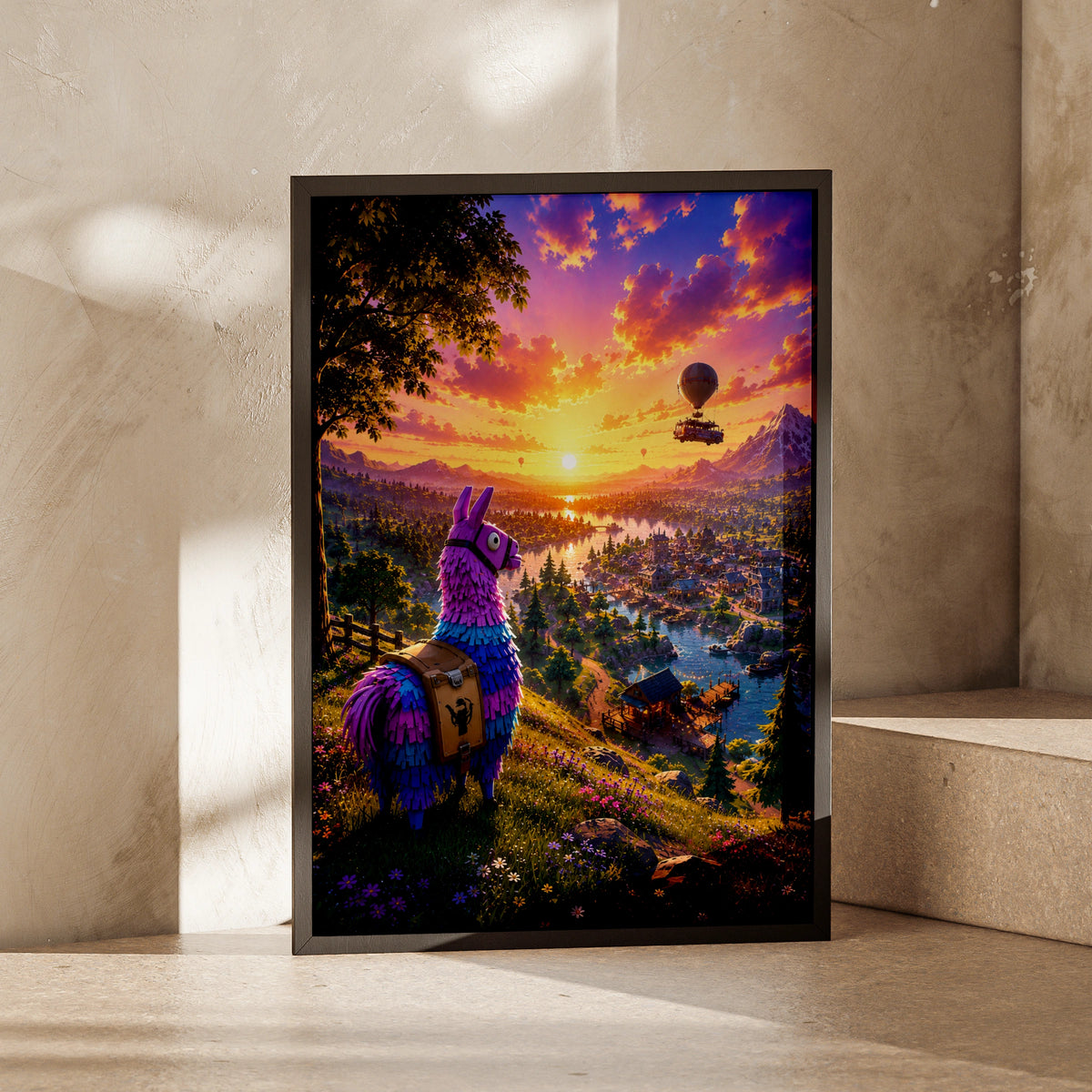 Llama Sunset Wall Art, Colourful Llama Poster, Mountain Landscape Print, Vibrant Decor for Kids Room