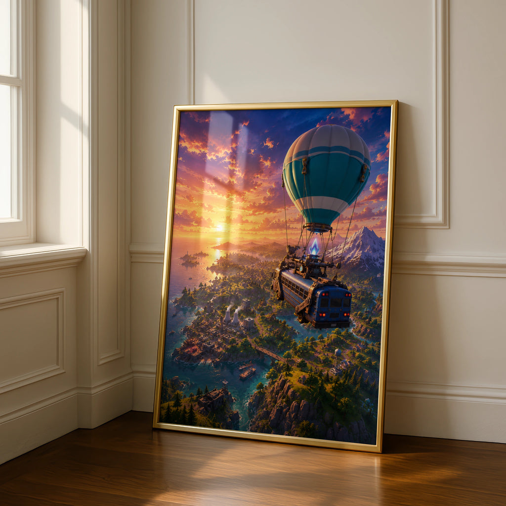 Epic Hot Air Balloon Adventure Art, Fantasy Landscape Print, Sunset Sky, Gaming Decor