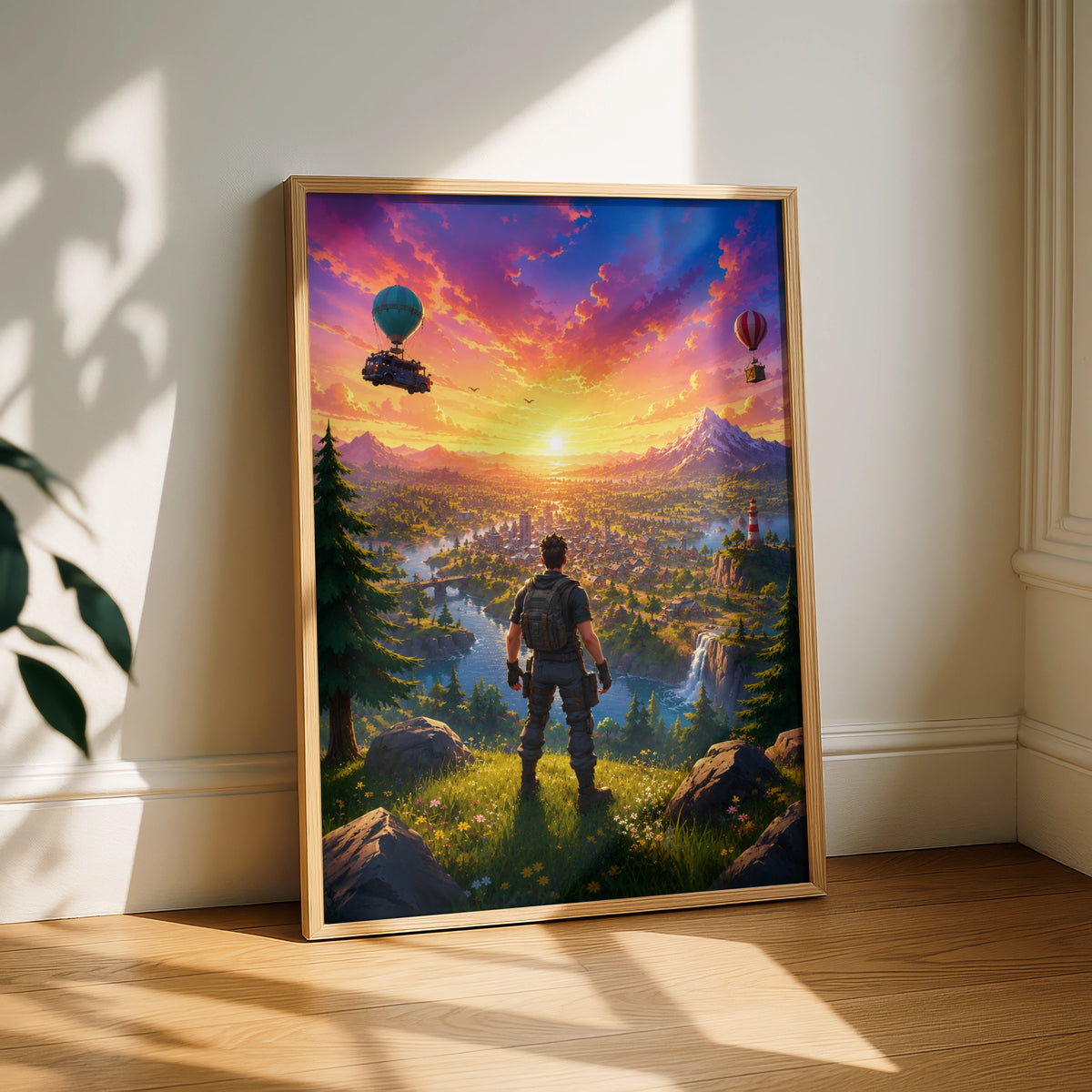 Epic Battle Royale Adventure Poster, Colourful Landscape Art, Gamer Wall Decor, Sunset Scene
