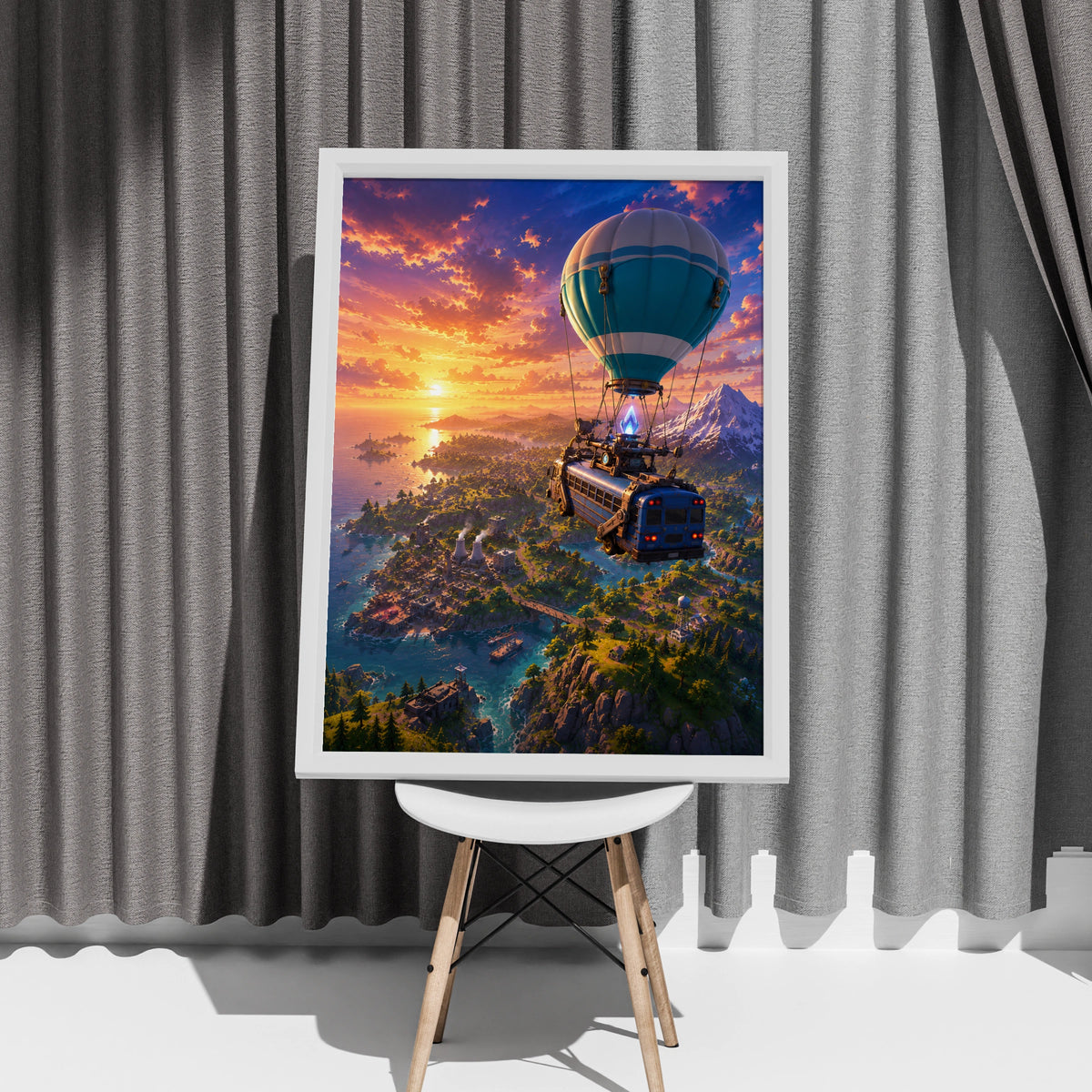 Epic Hot Air Balloon Adventure Art, Fantasy Landscape Print, Sunset Sky, Gaming Decor