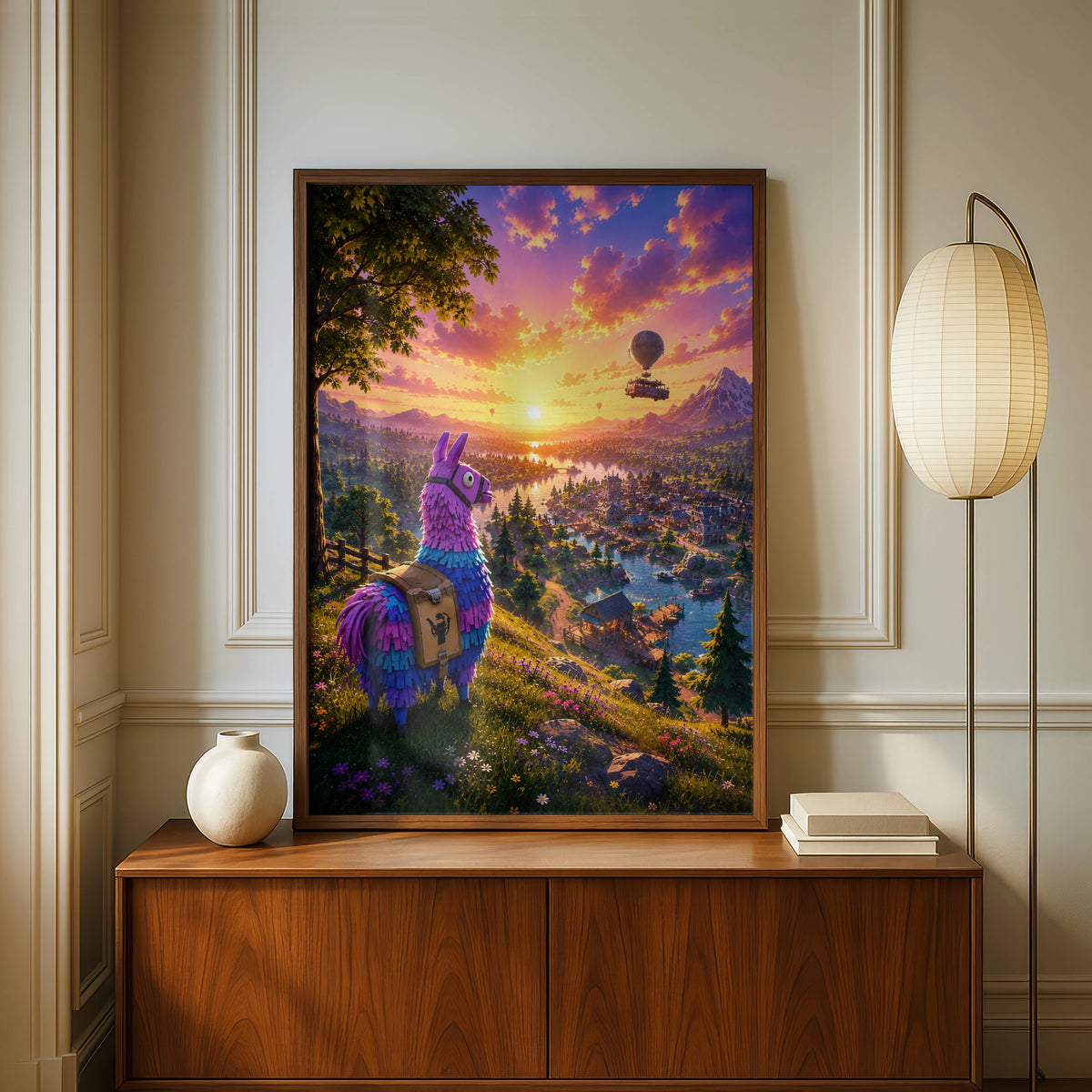 Llama Sunset Wall Art, Colourful Llama Poster, Mountain Landscape Print, Vibrant Decor for Kids Room