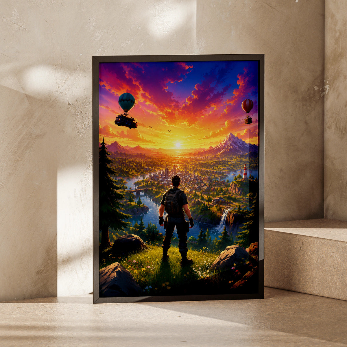 Epic Battle Royale Adventure Poster, Colourful Landscape Art, Gamer Wall Decor, Sunset Scene
