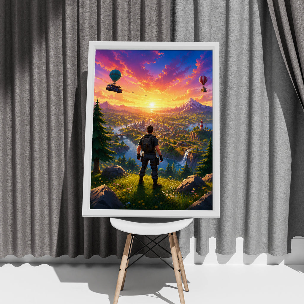 Epic Battle Royale Adventure Poster, Colourful Landscape Art, Gamer Wall Decor, Sunset Scene