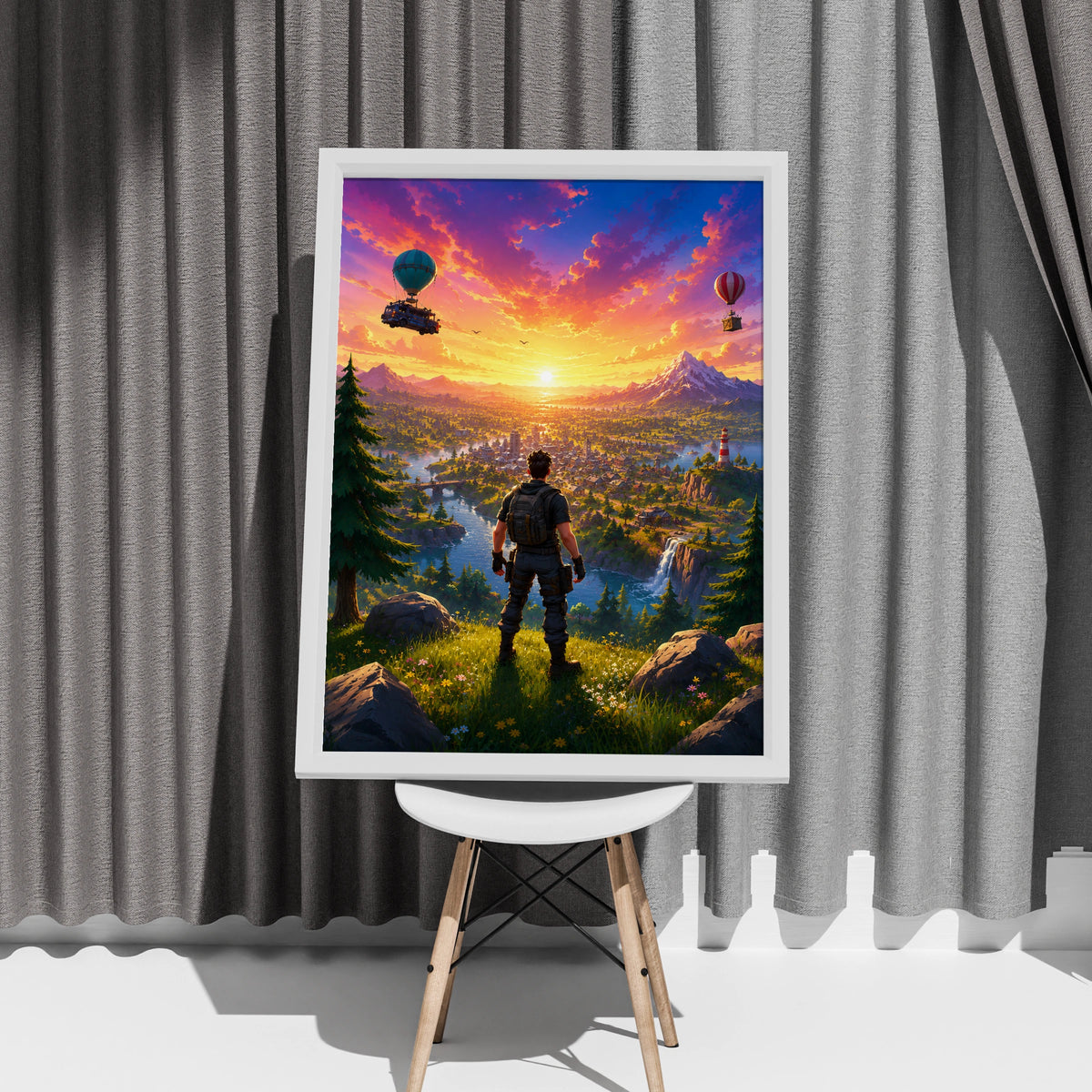 Epic Battle Royale Adventure Poster, Colourful Landscape Art, Gamer Wall Decor, Sunset Scene