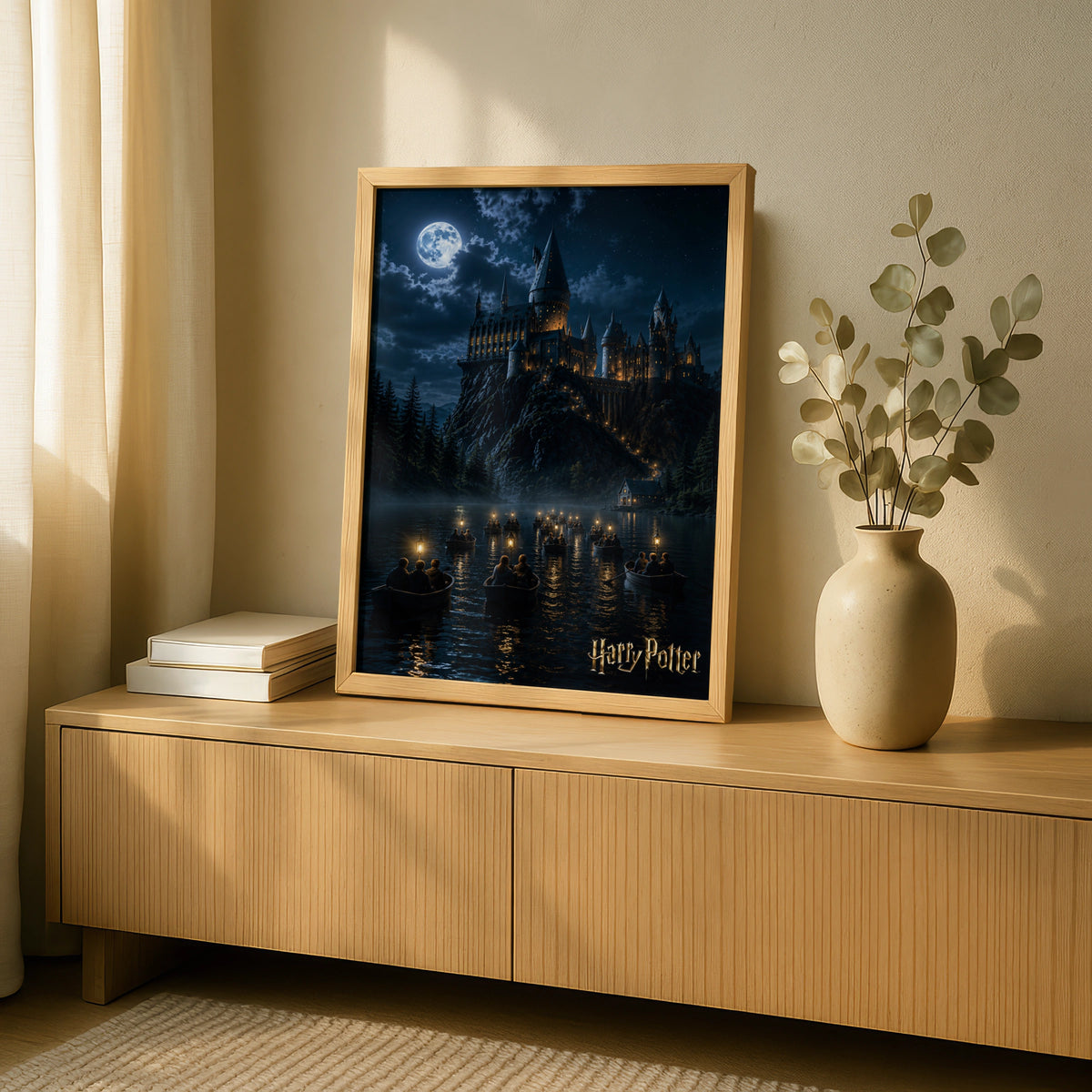 HP Artwork, Hogwarts Castle Night Scene, Magical Moonlit Printable Poster, Fantasy Decor
