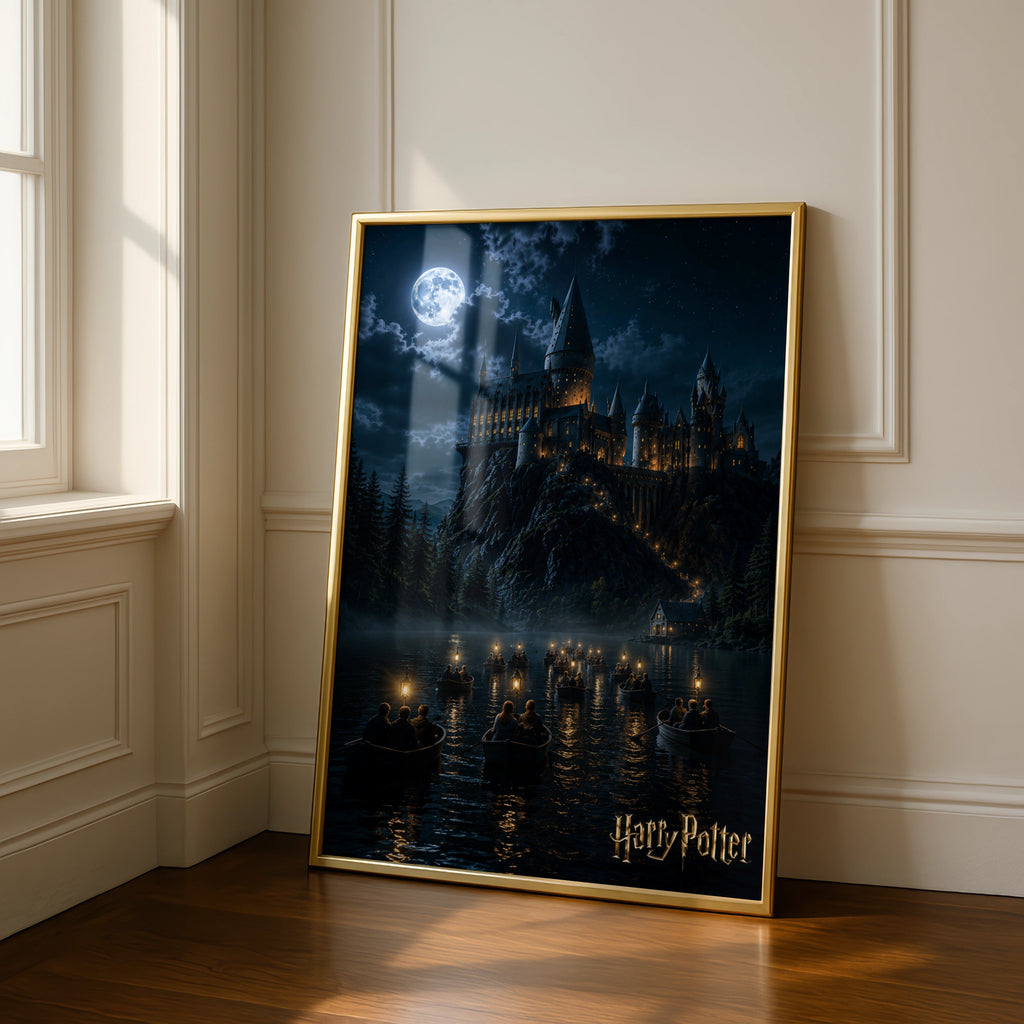 HP Artwork, Hogwarts Castle Night Scene, Magical Moonlit Printable Poster, Fantasy Decor