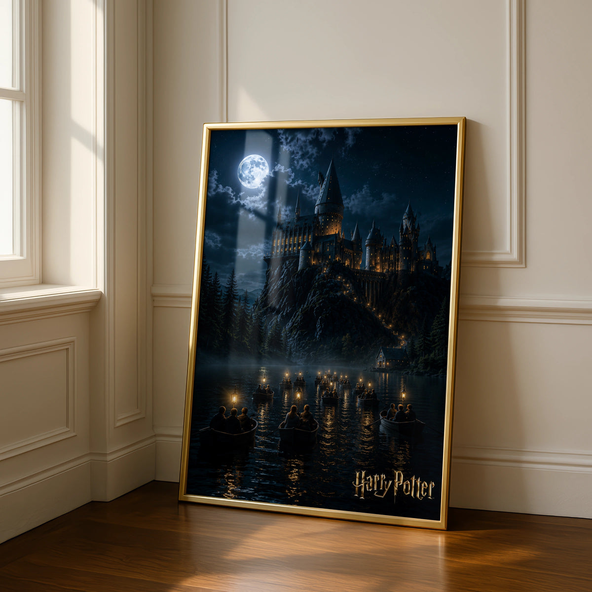 HP Artwork, Hogwarts Castle Night Scene, Magical Moonlit Printable Poster, Fantasy Decor