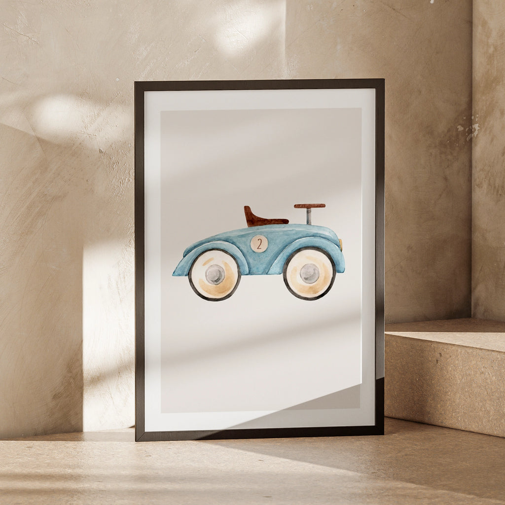 Blue Toy Car Print, Watercolour Nursery Wall Art, Boys Room Vintage Ride-On Poster