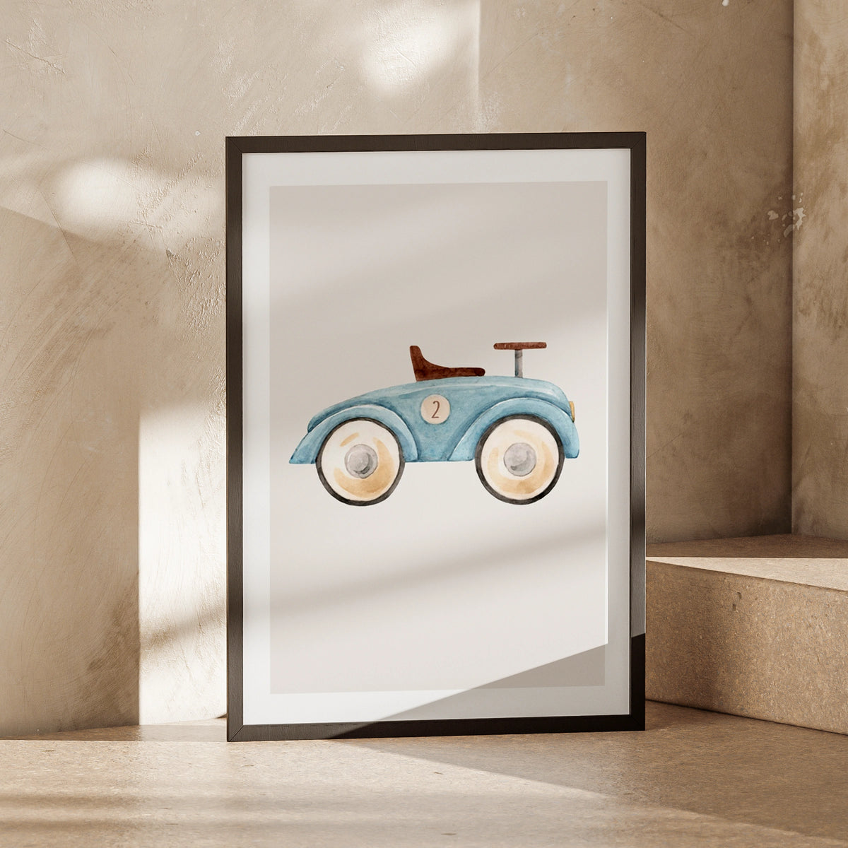 Blue Toy Car Print, Watercolour Nursery Wall Art, Boys Room Vintage Ride-On Poster