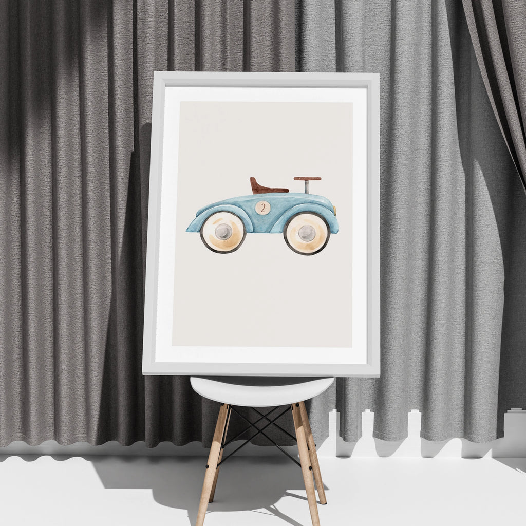 Blue Toy Car Print, Watercolour Nursery Wall Art, Boys Room Vintage Ride-On Poster