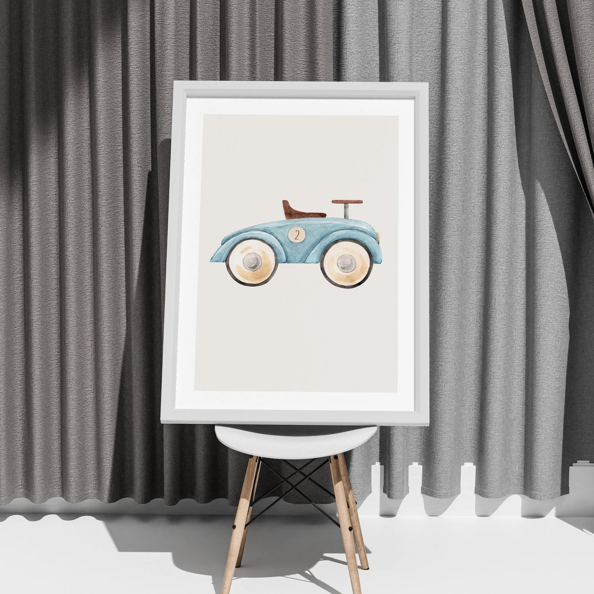 Blue Toy Car Print, Watercolour Nursery Wall Art, Boys Room Vintage Ride-On Poster