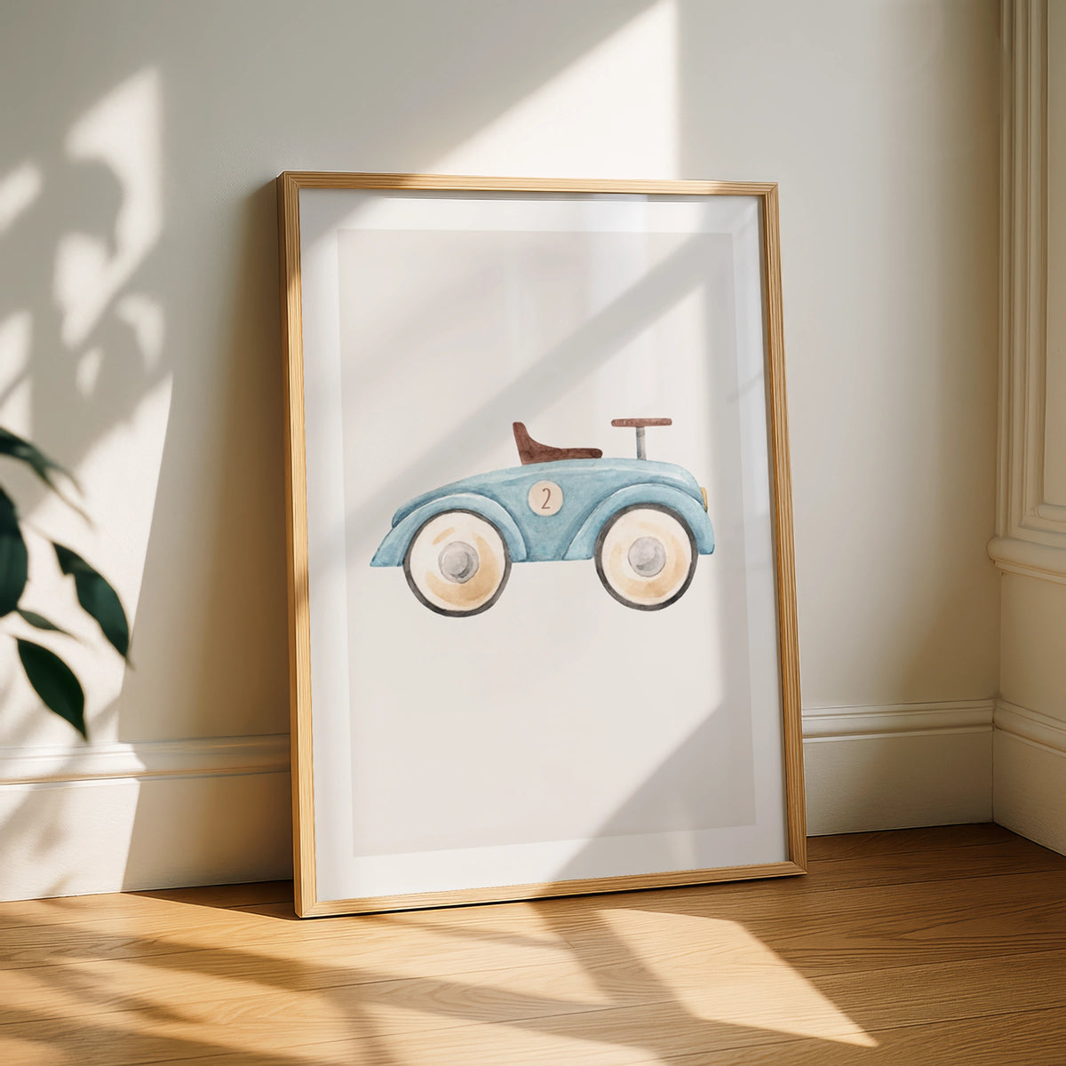 Blue Toy Car Print, Watercolour Nursery Wall Art, Boys Room Vintage Ride-On Poster