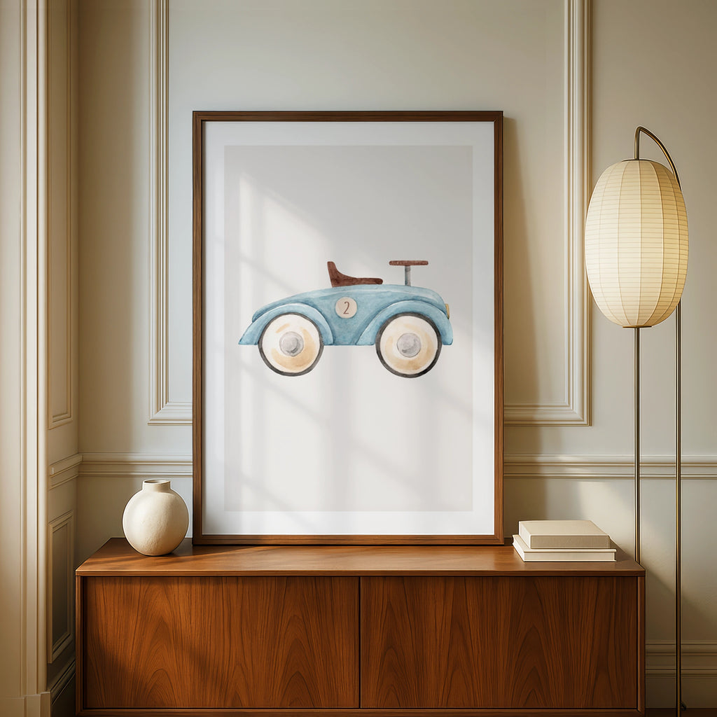 Blue Toy Car Print, Watercolour Nursery Wall Art, Boys Room Vintage Ride-On Poster