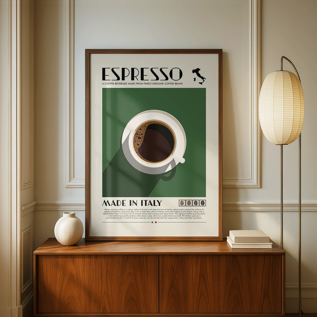 Italian Espresso Coffee Print, Retro Food Poster, Green Kitchen Wall Art Decor