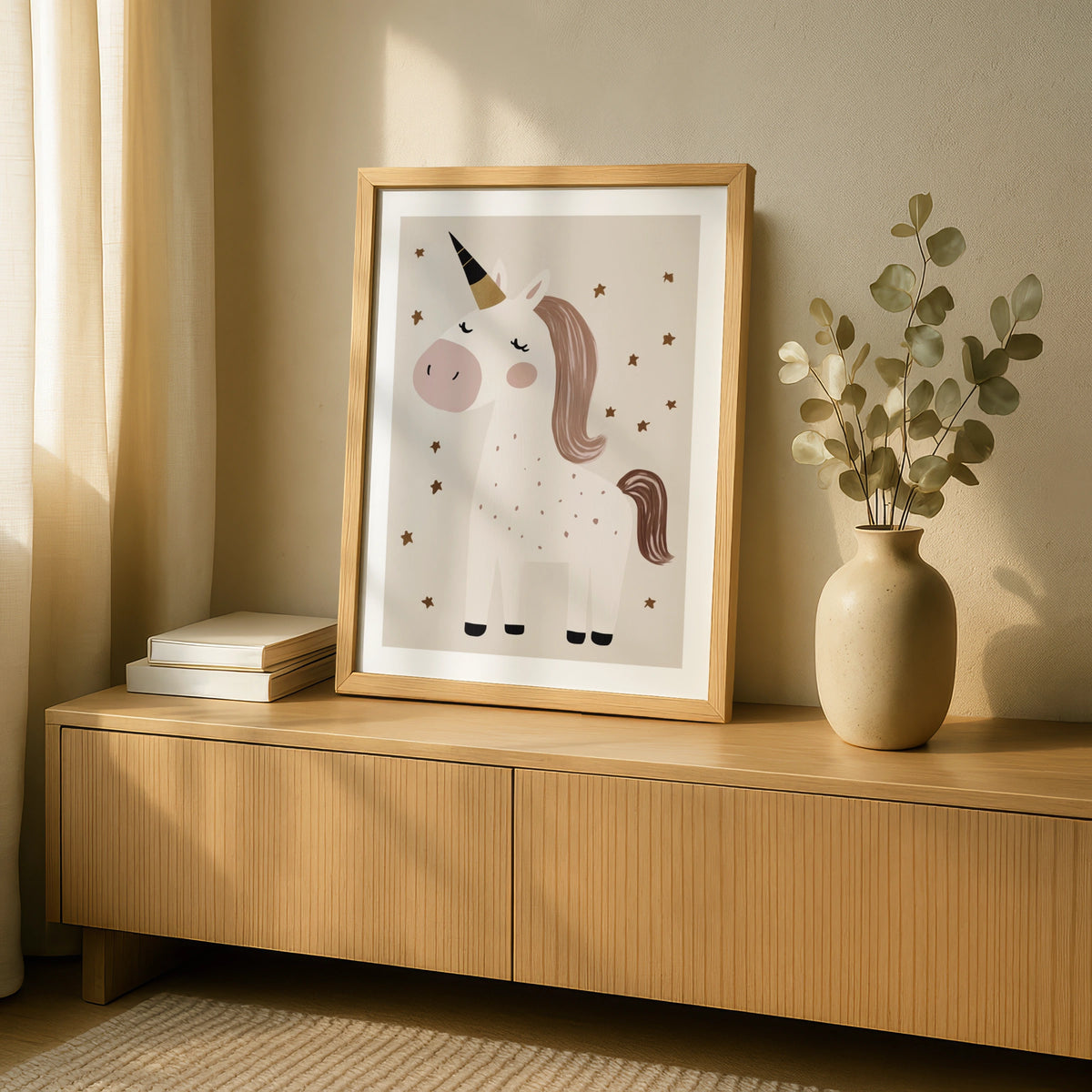 Unicorn Nursery Print, Boho Kids Wall Art, Neutral Beige Girls Room Poster