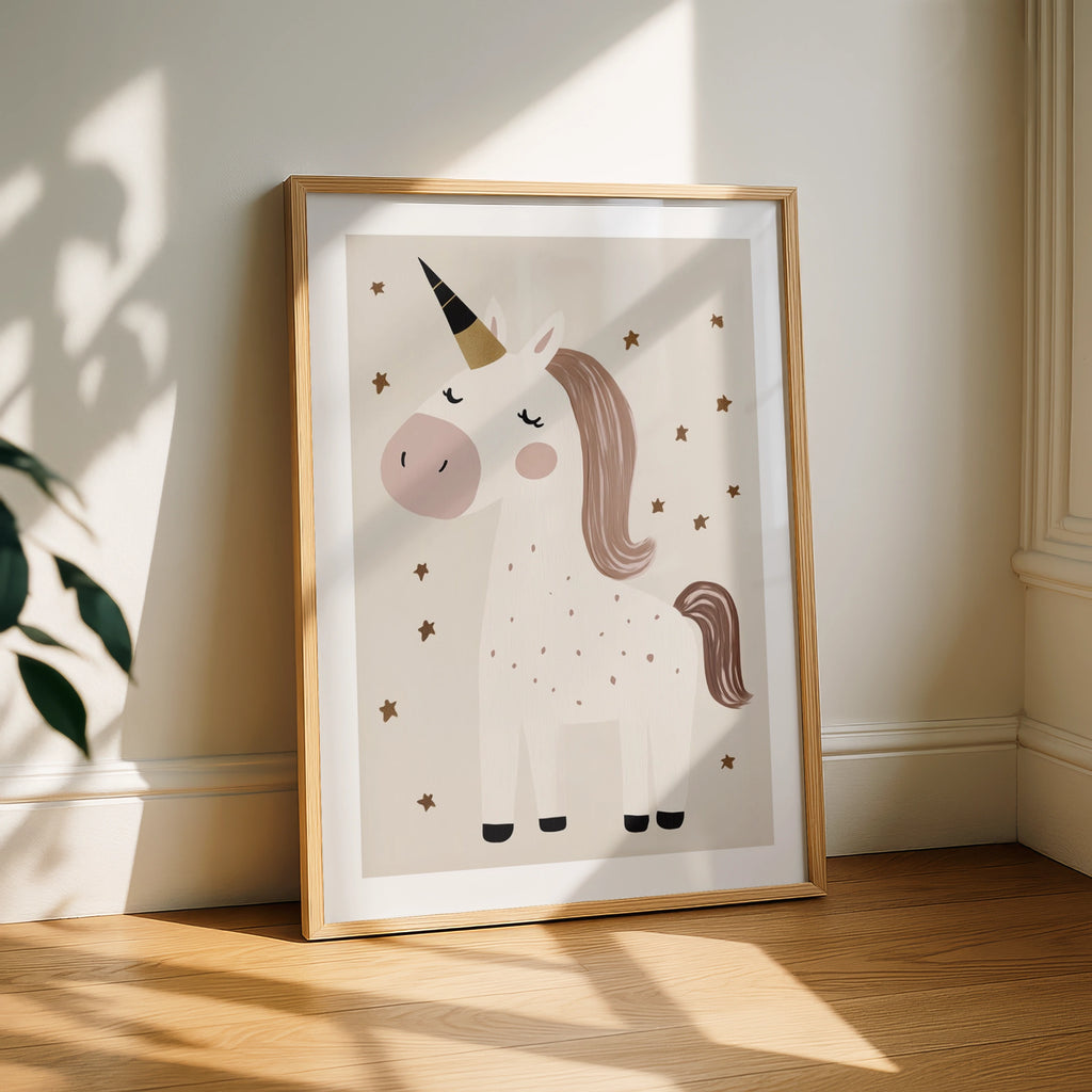 Unicorn Nursery Print, Boho Kids Wall Art, Neutral Beige Girls Room Poster