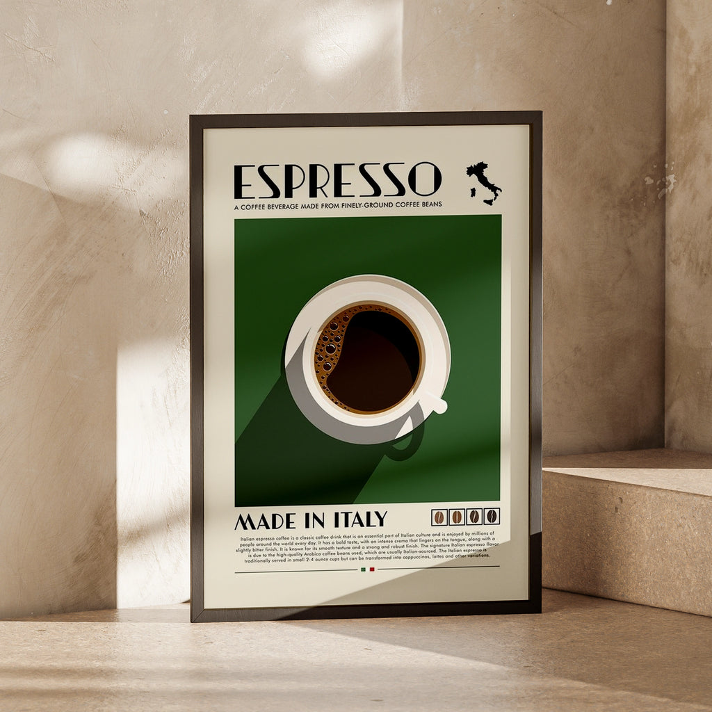 Italian Espresso Coffee Print, Retro Food Poster, Green Kitchen Wall Art Decor