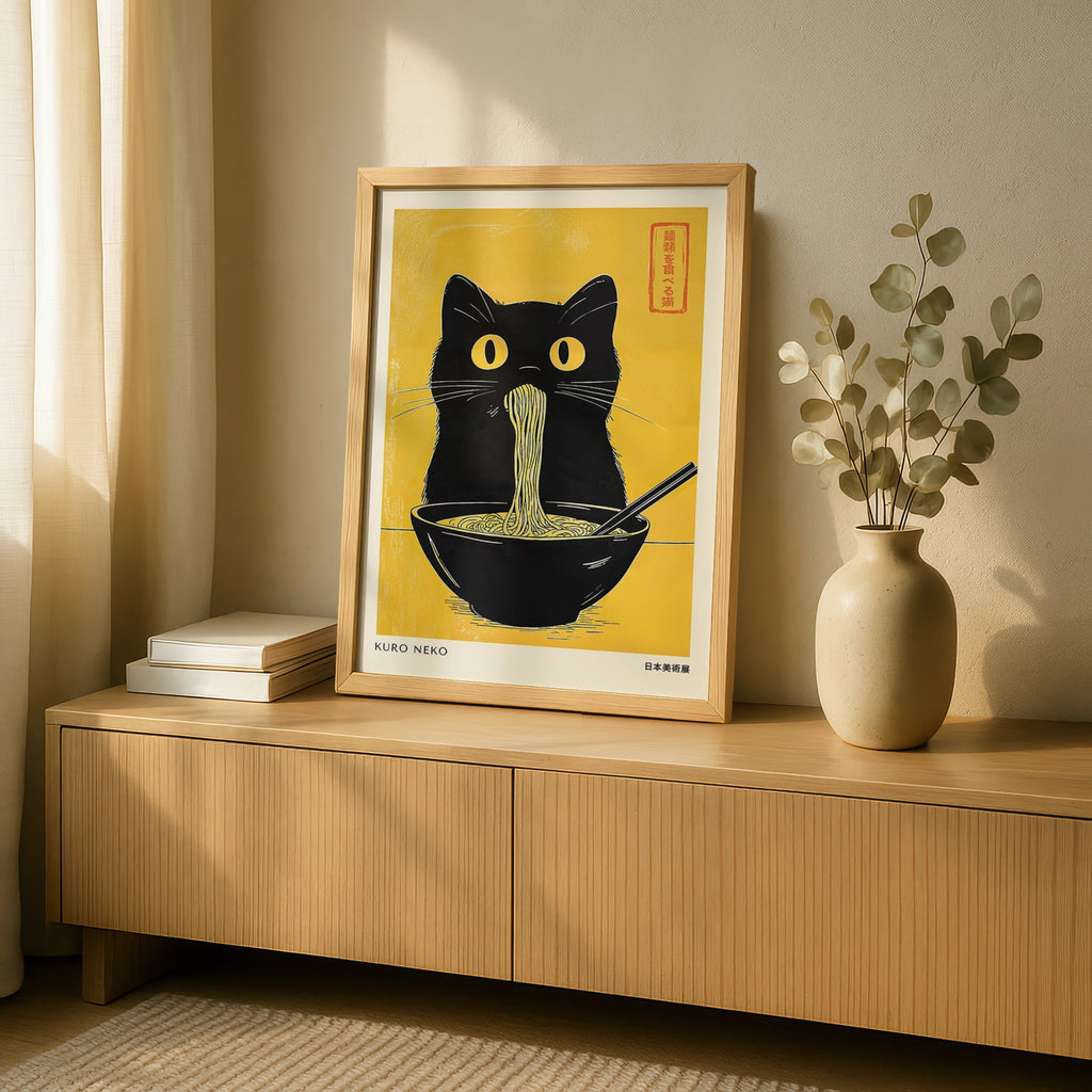 Black Cat Ramen Noodles Poster, Japanese Woodblock Style Wall Art Print, Kuro Neko